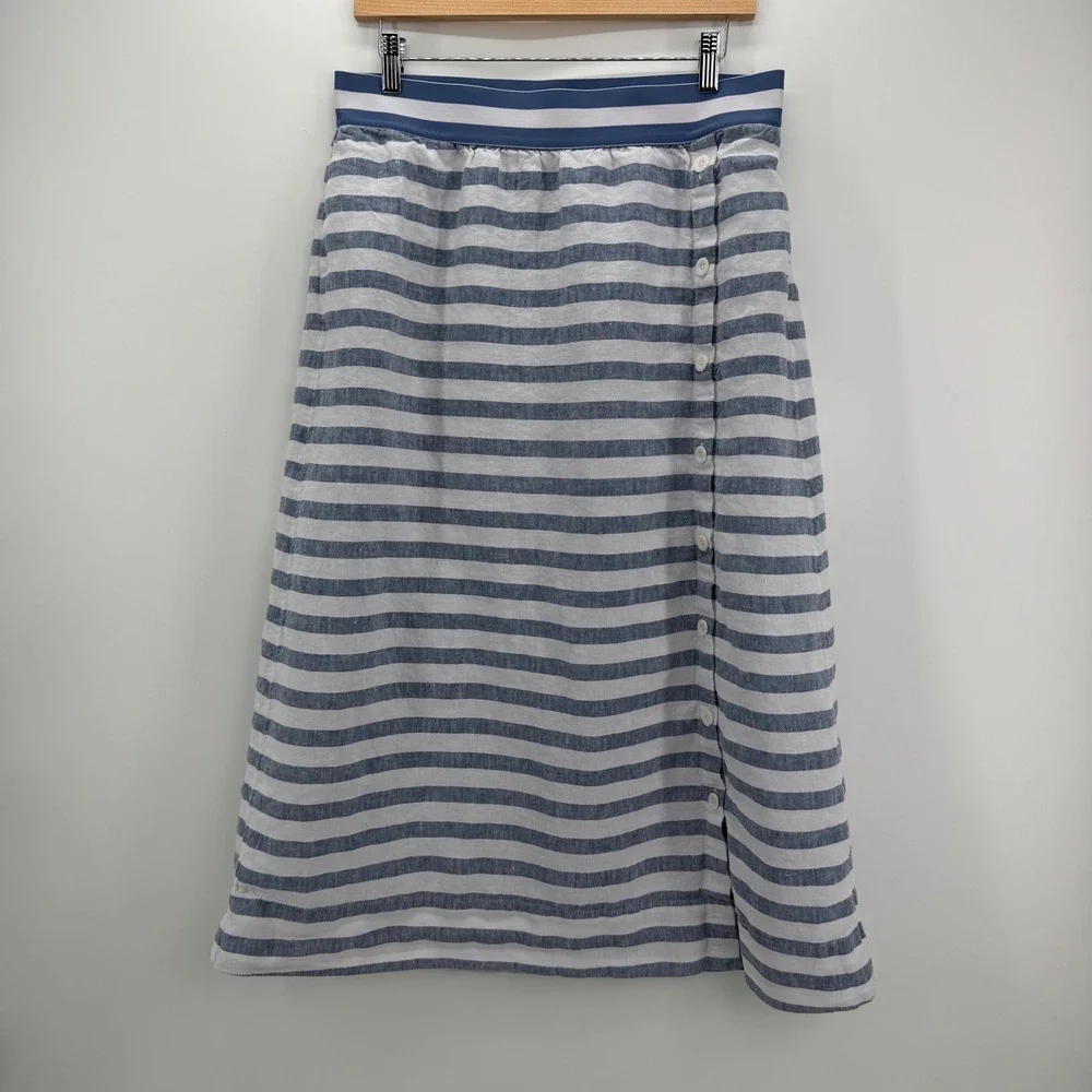 J. Jill Love Linen Womens Sz M Blue & White Striped Maxi Skirt Coastal Nautical